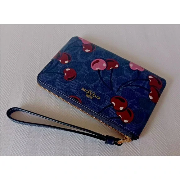 Coach Corner Zip Wristlet In Signature Canvas With Cherry Print NWT - Picture 5 of 8